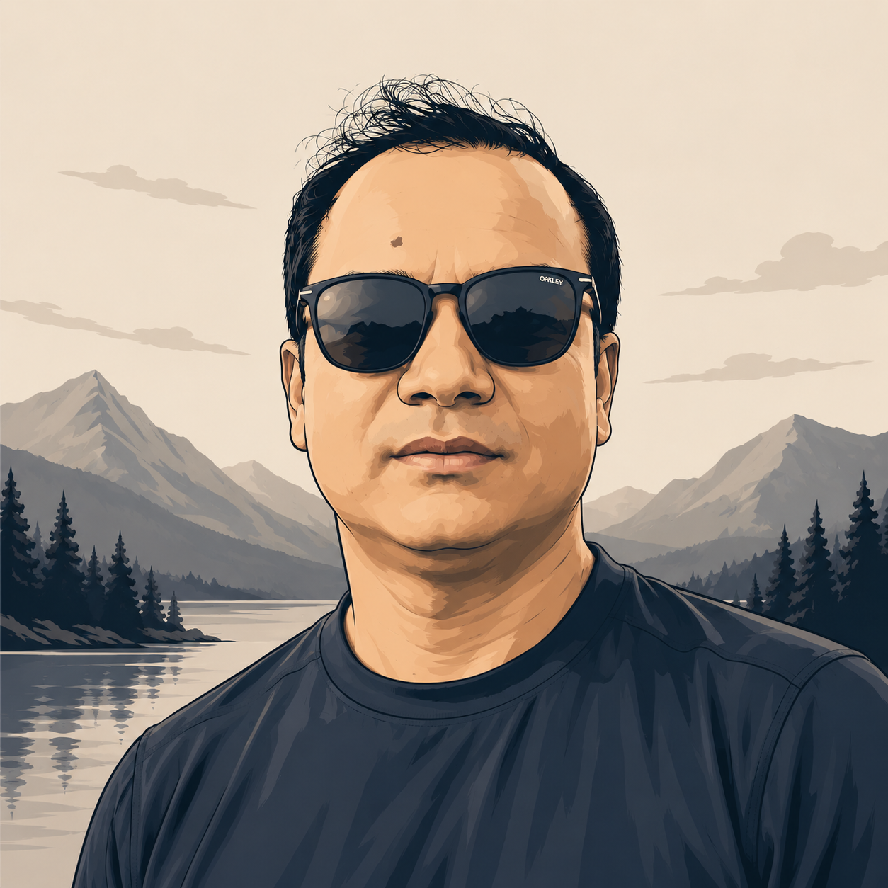 Illustrated portrait of Billal Hossain with mountain scenery